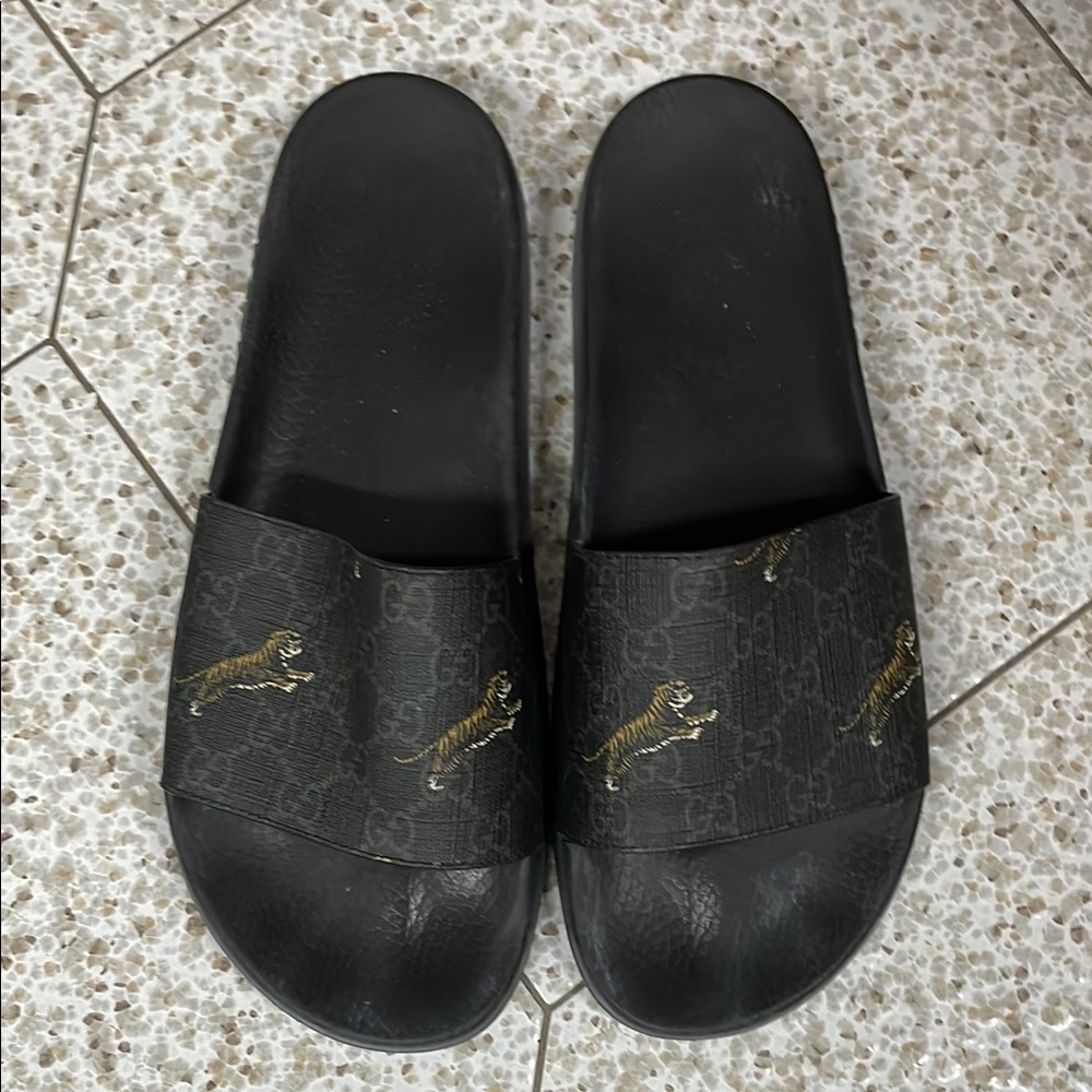 Gucci Black Slides with Gold Tiger Motif